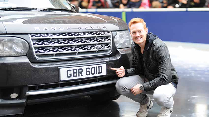 Greg Rutherford with number plate GBR 601D