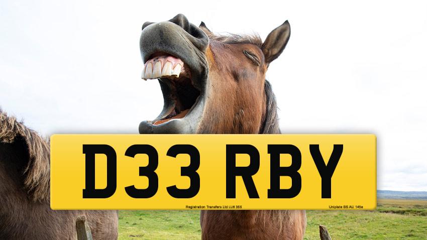 A horse calls out 'Derby' with the private number plate D33 RBY