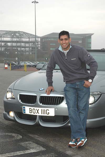 Amir Khan and his BOX 111G number pate promoting his chosen sport