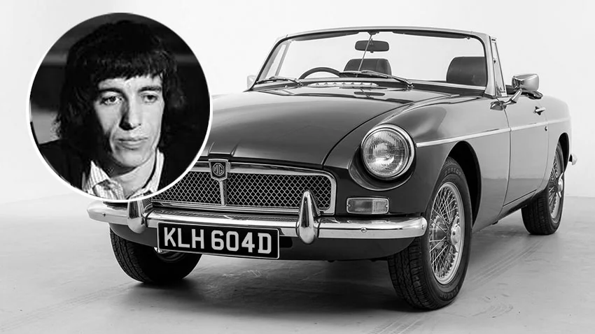 Musician Syd Barrett (inset) with his MGB car, prominently displaying its UK registration plate KLH 604D.