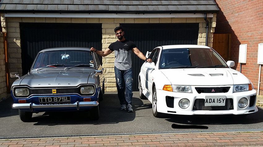 Ash Patel with his Mk1 Escort and 'daily' on a Mitsubishi EVO
