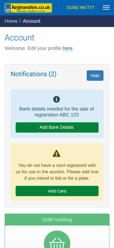Account notifications showing request for bank details (mobile view)