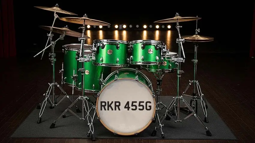 A drum kit with the registration RKR 455G printed on the front of the bass drum